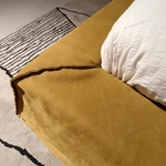 Warm Yellow Suede Upholstered Bed with Minimalist Half-Slat Back Panel & Skirted Base